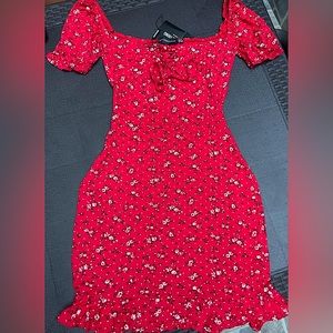 Red Ditsy Floral Print Frill Hem Bodycon Dress